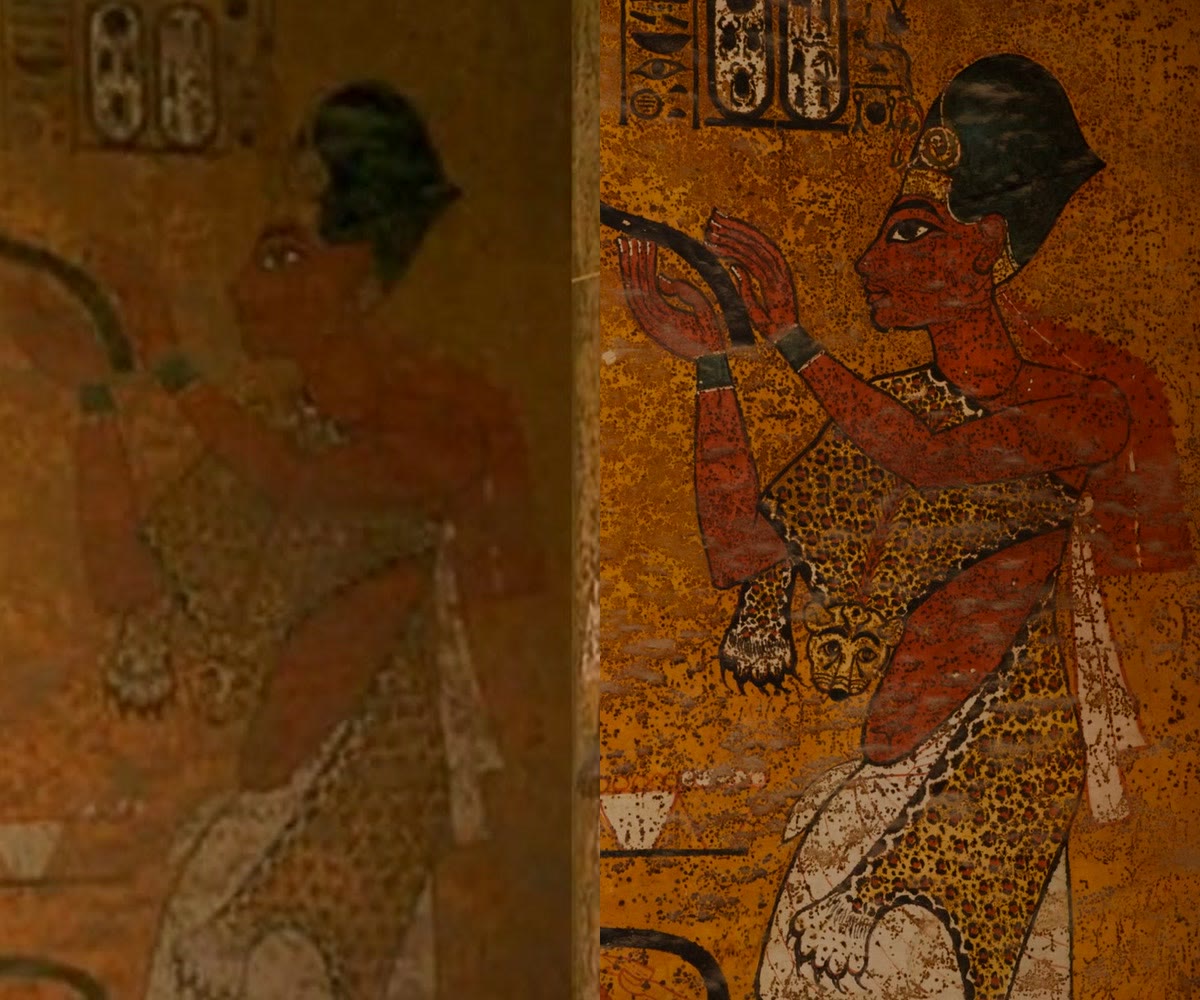 The figure of Ay on the north wall, EON web build frame on the left, 2026 render on the right