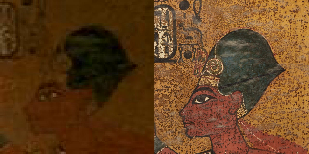Ay's crown at source resolution, the 1024 by 512 web build wall texture on the left and the Factum scan on the right