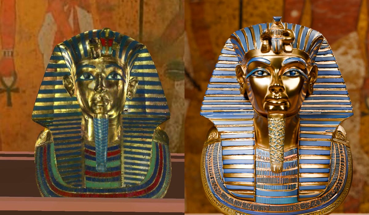 The gold mask, EON web build model on the left and the 2026 render on the right
